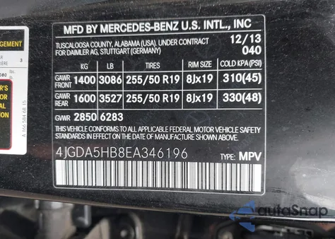 2014 Mercedes-Benz Ml 350 4Matic from USA, damaged, VIN 4JGDA5HB8EA346196